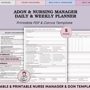 May include: A printable PDF and Canva template for a daily and weekly planner, designed for nurse managers and DONs. The planner includes sections for operational planning, leadership notes, and more. The design is in shades of purple and white, with the text "ADON & NURSING MANAGER DAILY & WEEKLY PLANNER".