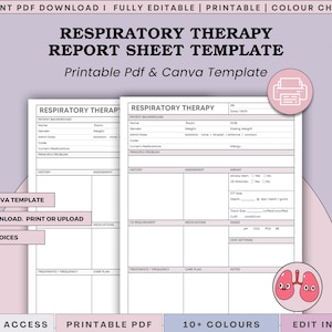 Könnte beinhalten: Eine Vorlage für einen Berichtsbogen zur Atemtherapie mit Abschnitten für Patientenhintergrund, Anamnese, Beurteilung, Atemwege, Medikamente und Pflegepläne. Das Dokument ist ein druckbares PDF und eine bearbeitbare Canva-Vorlage.