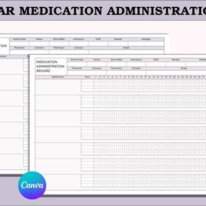 May include: Two white Medication Administration Record sheets with the text "MAR MEDICATION ADMINISTRATION" at the top. The sheets have sections for patient information and medication details, with a Canva logo at the bottom.