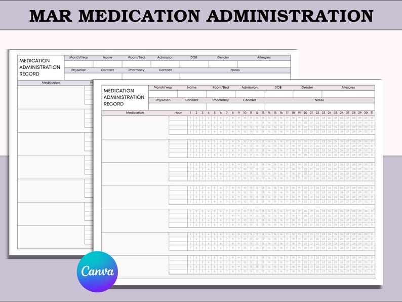 May include: Two white Medication Administration Record sheets with the text "MAR MEDICATION ADMINISTRATION" at the top. The sheets have sections for patient information and medication details, with a Canva logo at the bottom.