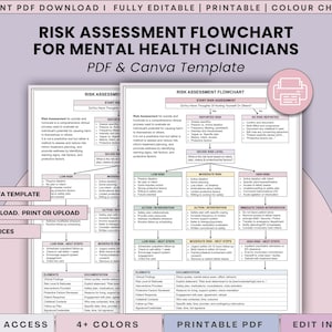 May include: A printable PDF and Canva template titled "Risk Assessment Flowchart for Mental Health Clinicians." The document features a flowchart design with sections for risk assessment, decision levels, and interventions. The template offers editable features and multiple color choices.