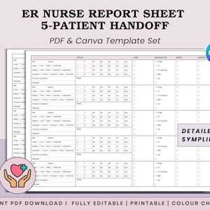 Puede incluir: Una hoja de informe de enfermería de urgencias para el traspaso de 5 pacientes, con un diseño de cuadrícula para signos vitales, laboratorios, imágenes, medicamentos y pedidos. Incluye etiquetas de texto como Instant Access y Printable PDF.