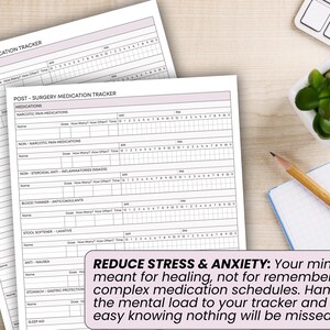 May include: Two white Post-Surgery Medication Tracker sheets with pink headers and detailed medication tracking sections. The text "REDUCE STRESS & ANXIETY" is visible. A small succulent, pencil, and notebook are in the background.