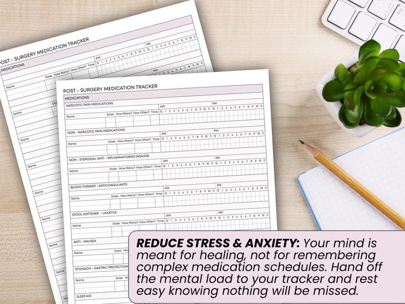 May include: Two white Post-Surgery Medication Tracker sheets with pink headers and detailed medication tracking sections. The text "REDUCE STRESS & ANXIETY" is visible. A small succulent, pencil, and notebook are in the background.