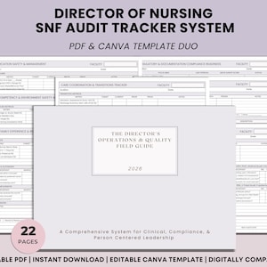 May include: A light gray document titled "The Director's Operations & Quality Field Guide 2026" is centered on a light purple background. The document is part of a "Director of Nursing SNF Audit Tracker System" with 22 pages, available as a PDF and Canva template.