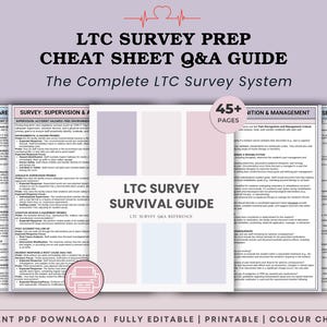 May include: A digital document titled LTC Survey Prep Cheat Sheet Q&A Guide and LTC Survey Survival Guide. The pages feature text regarding long-term care survey systems, including sections on supervision, incident hazards, and pain management.