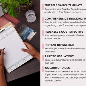 May include: A wooden clipboard with a detailed tracker template is held by hands, with a pen poised to write. The image includes text about Canva templates, comprehensive tracking tools, and color choices. A laptop and plant are in the background.