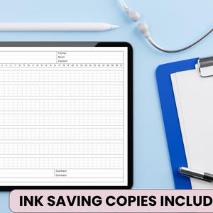 May include: A digital tablet displaying a blank medical form, a white stylus, and a stethoscope on a light blue surface. A blue clipboard with white paper and a pen are also present. The text "INK SAVING COPIES INCLUDED" is at the bottom.