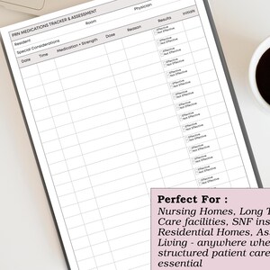 May include: A medication tracker and assessment form with a grid layout for recording patient information. The form includes sections for resident details, medication, and results. A cup of coffee sits to the right.