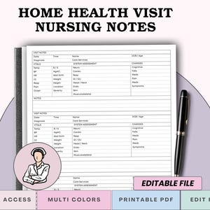 May include: A notebook with "HOME HEALTH VISIT NURSING NOTES" printed at the top. The notebook has a pen and a nurse illustration. The notebook includes sections for visit notes, vitals, and system assessment. The bottom of the image has the words "INSTANT ACCESS", "MULTI COLORS", "PRINTABLE PDF", and "EDIT IN CANVA".