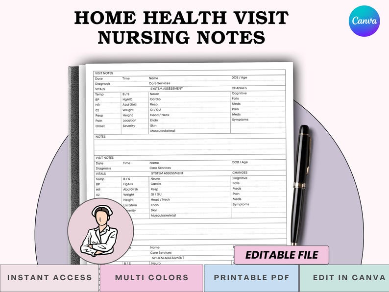 May include: A notebook with "HOME HEALTH VISIT NURSING NOTES" printed at the top. The notebook has a pen and a nurse illustration. The notebook includes sections for visit notes, vitals, and system assessment. The bottom of the image has the words "INSTANT ACCESS", "MULTI COLORS", "PRINTABLE PDF", and "EDIT IN CANVA".