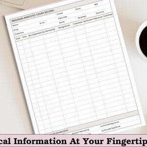 May include: A white Individual Narcotic Count Record form with a grid layout, used for tracking drug information. The form includes fields for name, drug, directions, and quantity. A cup of coffee sits next to the form. The text "Crucial Information At Your Fingertips" is at the bottom.