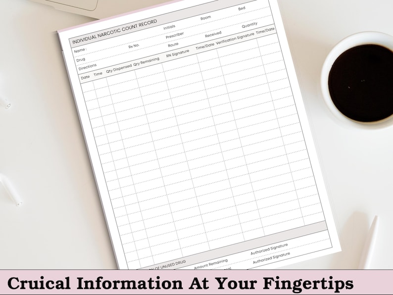 May include: A white Individual Narcotic Count Record form with a grid layout, used for tracking drug information. The form includes fields for name, drug, directions, and quantity. A cup of coffee sits next to the form. The text "Crucial Information At Your Fingertips" is at the bottom.