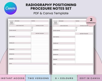 May include: Digital template set for radiography positioning procedure notes. The design includes two versions, with fields for procedure, position, clinical indication, and technical factors. The template is available in 8+ colours and can be edited in Canva.