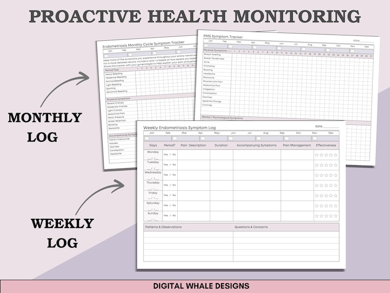 Puede incluir: Un conjunto de registros imprimibles de seguimiento de la salud para el seguimiento de los s&iacute;ntomas. El dise&ntilde;o incluye un rastreador mensual de s&iacute;ntomas del ciclo, un rastreador de s&iacute;ntomas del s&iacute;ndrome premenstrual y un registro semanal de endometriosis.