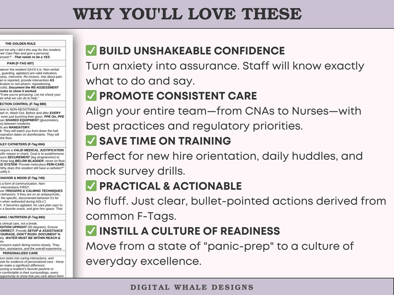 May include: A white and green graphic with the text "WHY YOU'LL LOVE THESE" and bullet points describing benefits like building confidence and promoting consistent care. The bottom of the graphic says "DIGITAL WHALE DESIGNS".
