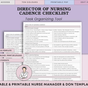 May include: A printable checklist template for a Director of Nursing, featuring a detailed task list for daily and weekly duties. The document includes sections for clinical oversight, staffing, and meetings. The design is in shades of purple and white, with the text "Director of Nursing Cadence Checklist".