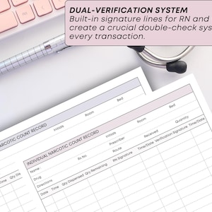 May include: Two Individual Narcotic Count Record forms with a pen and stethoscope. The forms have fields for name, drug, directions, and quantity. Text reads "DUAL-VERIFICATION SYSTEM" and "Built-in signature lines for RN and witness create a crucial double-check system."