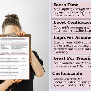 May include: A clipboard with a document titled "A Concise Guide to Coding Section GG: Self Care & Mobility" is held by a person. The document includes a chart and flow diagrams. Text on the right highlights benefits like saving time and improving accuracy.