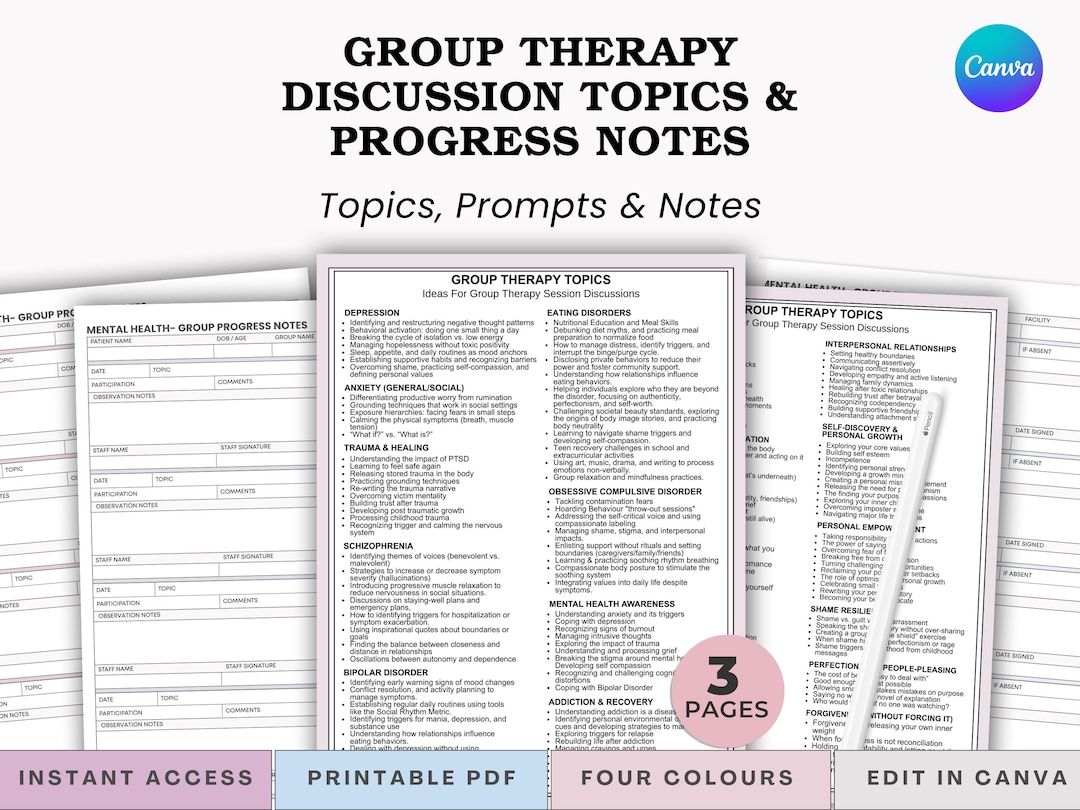 Group Therapy Topic Ideas & Progress Note Bundle | Depression, Anxiety ...