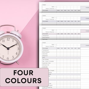 Puede incluir: Un despertador blanco con manecillas y n&uacute;meros negros se encuentra junto a hojas de registro de pacientes. Las hojas tienen secciones para signos vitales y comentarios. Tambi&eacute;n se ve un fondo rosa y blanco y el texto "FOUR COLOURS".