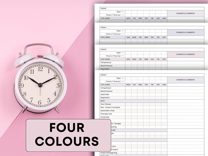 Puede incluir: Un despertador blanco con manecillas y n&uacute;meros negros se encuentra junto a hojas de registro de pacientes. Las hojas tienen secciones para signos vitales y comentarios. Tambi&eacute;n se ve un fondo rosa y blanco y el texto "FOUR COLOURS".