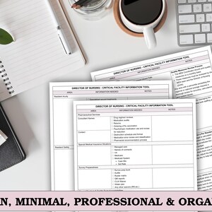 May include: A top-down view of a workspace with documents labeled "Director of Nursing - Critical Facility Information Tool." The scene includes a notebook, pen, coffee cup, and keyboard. The text at the bottom reads "Clean, Minimal, Professional & Organized."