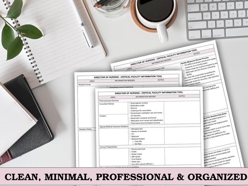 May include: A top-down view of a workspace with documents labeled "Director of Nursing - Critical Facility Information Tool." The scene includes a notebook, pen, coffee cup, and keyboard. The text at the bottom reads "Clean, Minimal, Professional & Organized."