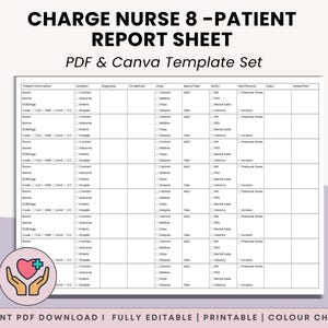 May include: A printable patient report sheet template, designed for use in healthcare settings. The document includes sections for patient information, isolation, diagnosis, and other medical details. The template is available in PDF and Canva formats.