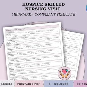 Może przedstawiać: Drukowany szablon PDF dla wizyty pielęgniarskiej w hospicjum, zgodny z Medicare. Dokument zawiera sekcje dotyczące informacji ogólnych, oceny, interwencji i odpowiedzi. Projekt zawiera grafikę serca i dłoni, z 8+ kolorami i edycją Canva.