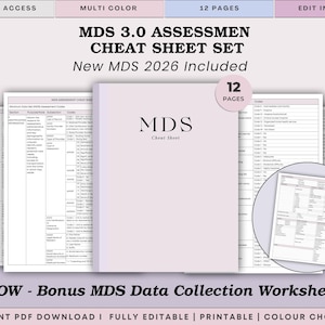Op de afbeelding: Een 12-pagina tellende MDS 3.0 beoordelingsspiekbriefset inclusief nieuwe MDS 2026-updates. De set heeft een lichtpaarse omslag met de tekst MDS Cheat Sheet en bevat een bonus MDS-gegevensverzamelingswerkblad met gedetailleerde codes.