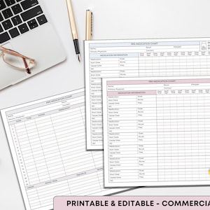 May include: A top-down view of a workspace with medication charts, a laptop, pens, and glasses. The charts are labeled "PRN Medication Chart" and "Medication Administration Record." The text "PRINTABLE & EDITABLE - COMMERCIAL USE" is at the bottom.