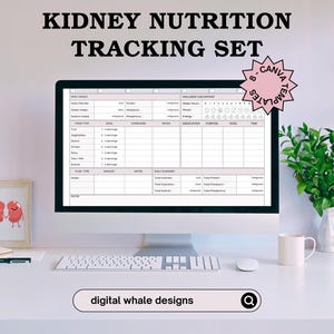 Op de afbeelding: Een digitale download van 8 afdrukbare Canva-sjablonen voor het bijhouden van niervoeding. De afbeelding toont een computerscherm met een voorbeeld sjabloon met secties voor dagelijkse inname, wellness-check-in en een dagelijkse samenvatting. De tekst "Kidney Nutrition Tracking Set" wordt bovenaan de afbeelding weergegeven.