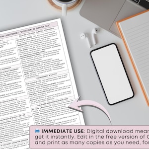 May include: A white document titled "SNF/LTC Survey Survival Cheatsheet" with text and a pink banner that reads "IMMEDIATE USE". A smartphone, notebook, and wireless earbuds are also on the white surface.