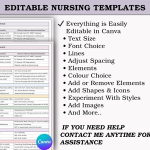May include: Editable nursing templates with the text "EDITABLE NURSING TEMPLATES" at the top. The image includes a list of psychotherapy modalities and a list of features such as text size, font choice, and color choice. The Canva logo is visible.