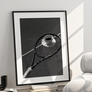 Black White Coffee & Tennis Racket Poster, Tennis Print, Tennis Wall Art, Tennis Old Money, Tennis Club Poster, Old Money Aesthetic