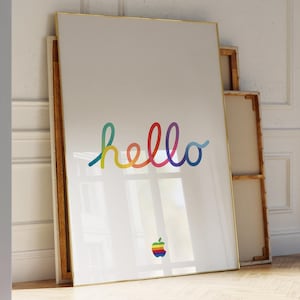 Apple Hello Poster, Retro Apple Poster, Rainbow Apple Logo Poster, Apple Wall Art, Steve Jobs Poster, Office Decor, Gift for Apple Lovers