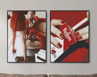 Red Aesthetic Print, Luxury Fashion Brand Poster Set of 2, Fashion Poster, Fashion Prints, Luxury Wall Art, Designer Wall Art