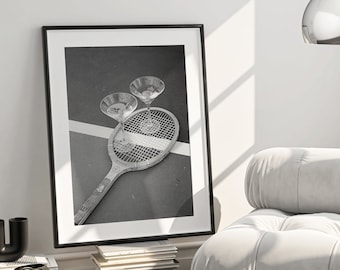 Black White Martini & Tennis Racket Poster, Tennis Print, Tennis Wall Art, Tennis Old Money, Tennis Club Poster, Old Money Aesthetic