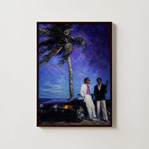 Poster geïnspireerd op Miami Vice, muurdecoratie met tv-thema uit de jaren 80, retro misdaadserie kunst, vintage sportwagenposter, tropische nacht kunst, vintage muurdecoratie
