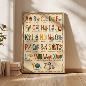 May include: A rectangular educational wall poster featuring the alphabet from A to Z. Each letter is paired with a colorful illustration and its corresponding word, such as A for Acorn, B for Bee, and Z for Zebra, printed on a cream background.