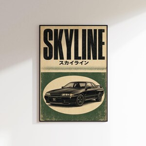 Nissan Skyline R32 poster, retro Japanse sportwagenkunst, GT-R garageposter, vintage JDM auto-illustratie, Japanse autoposter, Nissan kunst