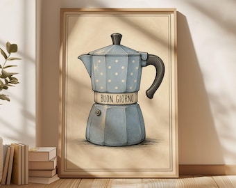 Moka Pot Poster, Italian Coffee Wall Art, Buon Giorno Coffee Poster, Vintage Kitchen Decor, Coffee Bar Wall Art, Coffee Lover Gift