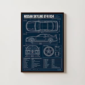 May include: A framed blueprint poster of a Nissan Skyline GT-R R34 featuring white technical line drawings on a dark blue grid background. It displays top, side, and front views, wheel details, and technical specifications in English.
