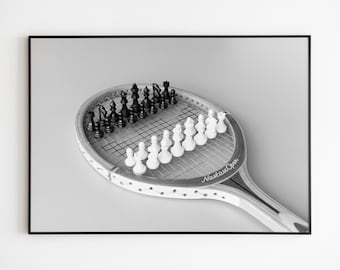 Black White Chess & Tennis Racket Poster, Tennis Print, Tennis Wall Art, Tennis Old Money, Tennis Club Poster, Old Money Aesthetic