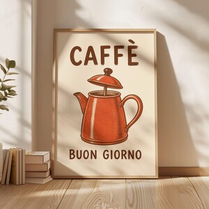 Wandbild mit Kaffeemotiv, Poster für italienische Cafés, Retro-Küchendeko, Espressobar-Print, Bild einer orangefarbenen Kaffeekanne, Geschenk für Kaffeeliebhaber, Café-Deko