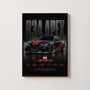 Nissan Skyline GT-R R34 Autoposter, Eine Legende für höhere Ansprüche, Japanische Automobilillustration, Schwarz-orange Autokunst