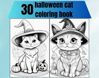 30 Livre de coloriage de chat d’Halloween, Livre de coloriage de chat sorcier, Pages de coloriage en niveaux de gris pour adultes et enfants, Activité d’Halloween, Pages de coloriage de chats