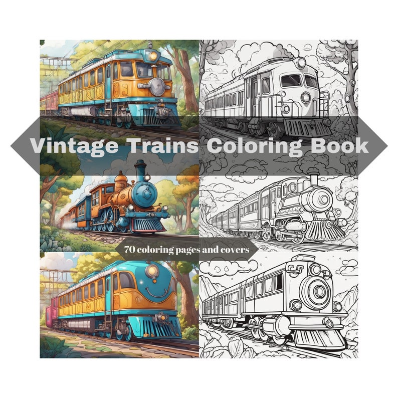 70 Vintage Trains Coloring Book for Adults and Kids, Steampunk Train Coloring Page, Fantasy ...