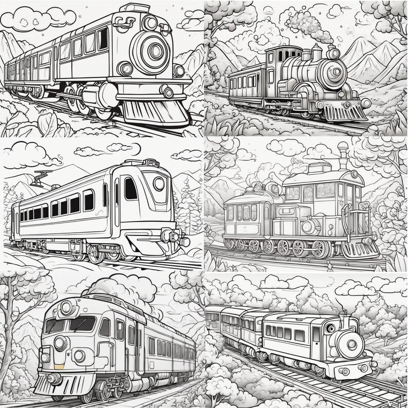 70 Vintage Trains Coloring Book for Adults and Kids, Steampunk Train ...